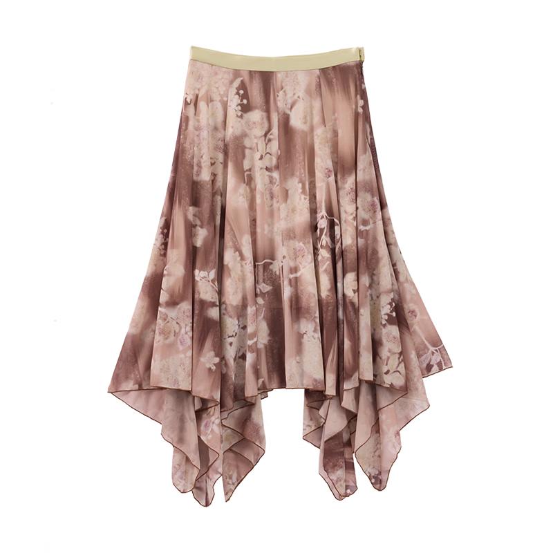 GREEN BELT Printed Irregular Hem Midi Skirt L