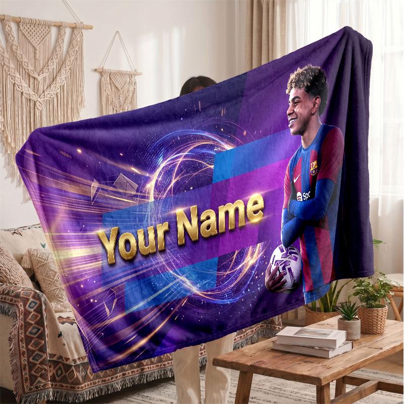 Coperta in pile personalizzata Lamine Yamal con logo del calcio, testo con nome personalizzato, morbida, calda, coperta da divano per la casa