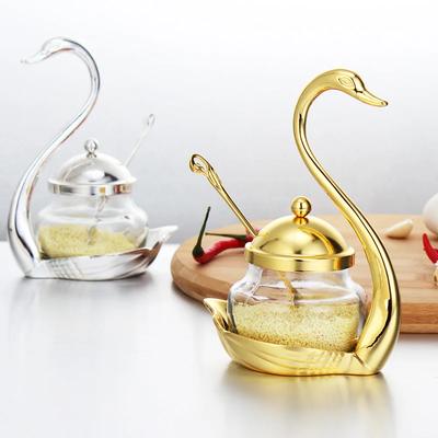 Creative Swan Aluminum Condiment Pot Set Seasoning Container Alloy Spice Glass Jar Salt Sugar Bowl Pepper Coffee Organizer