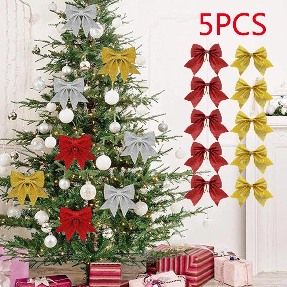 5Pcs/set Sparkling Christmas Bow Decoration Xmas Tree Pendant Ornaments Home Christmas New Year Party DIY Bows Decorations