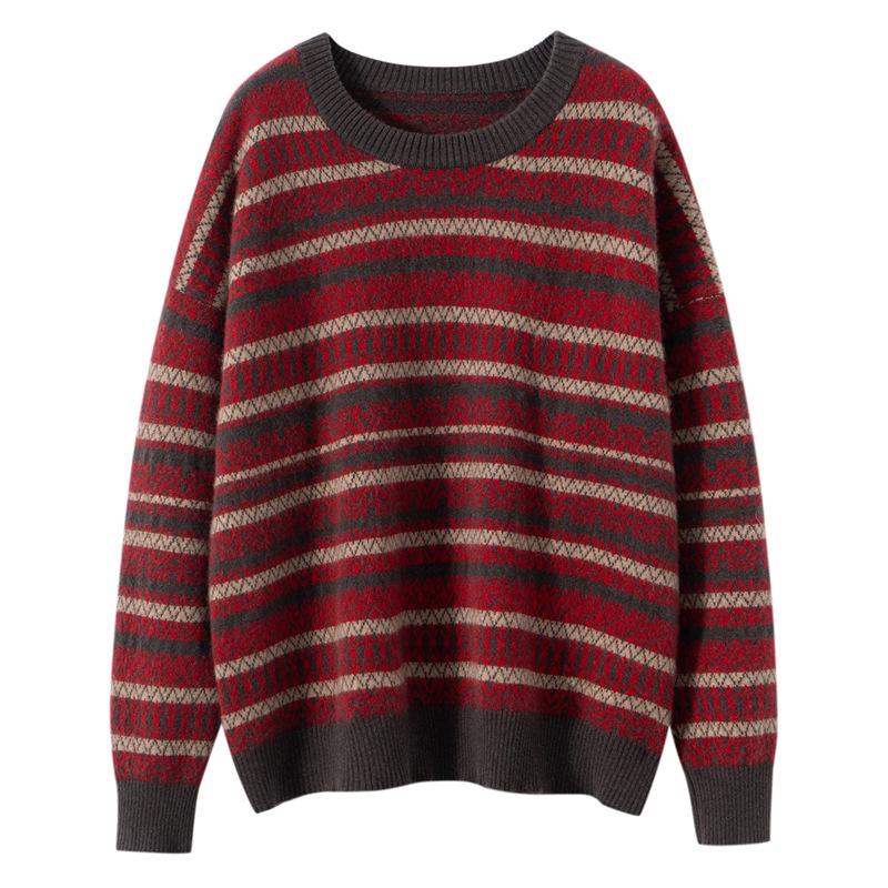 Women's Pure Cashmere Jacquard Stripe Sweater - Loose Fit, Round Neck, Autumn/Winter Style