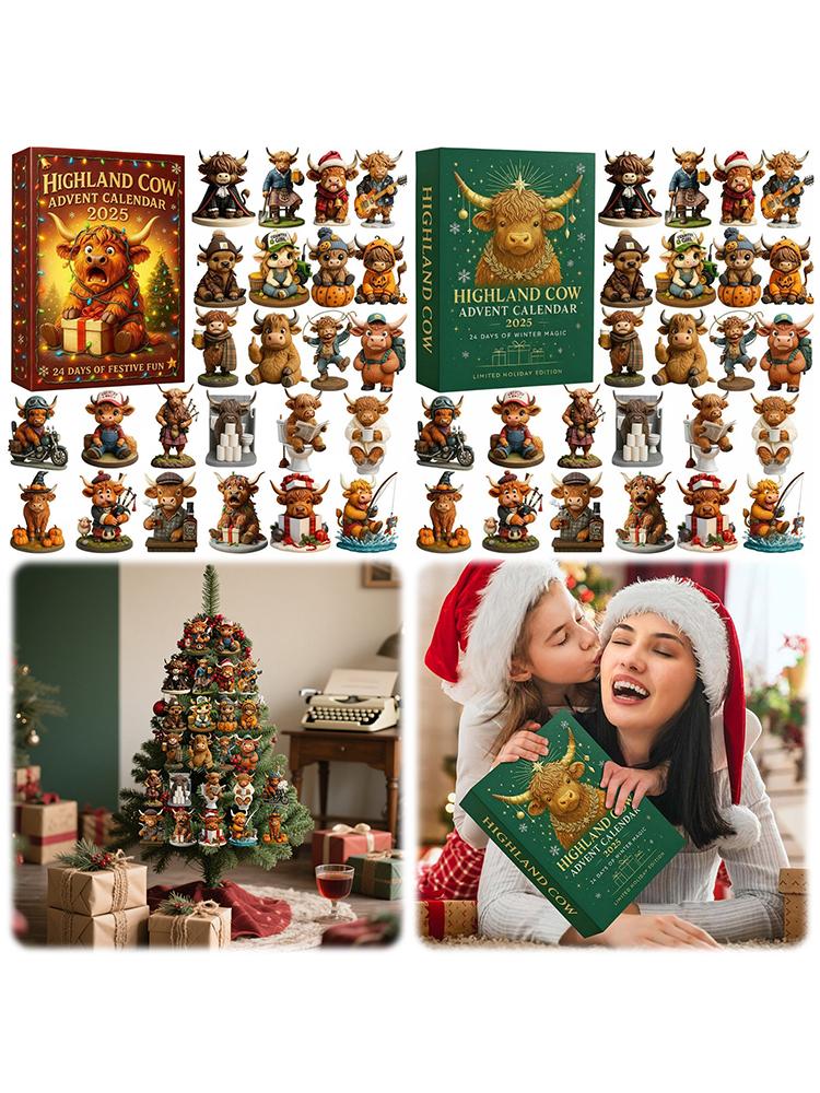 Highland Cow 24 Days Christmas Countdown Calendar with 24 3D Cow Ornaments Christmas Advent Calendar Advent Countdown Calendar