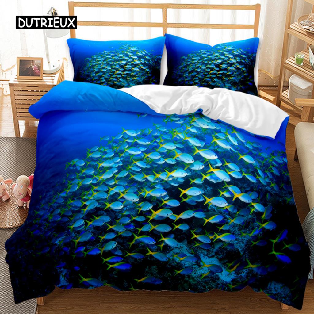 Ocean Fish Duvet Cover Set Ocean Animals Fishes Theme Bedding Set Pillowcase Twin Double Queen King Size Polyester Qulit Cover