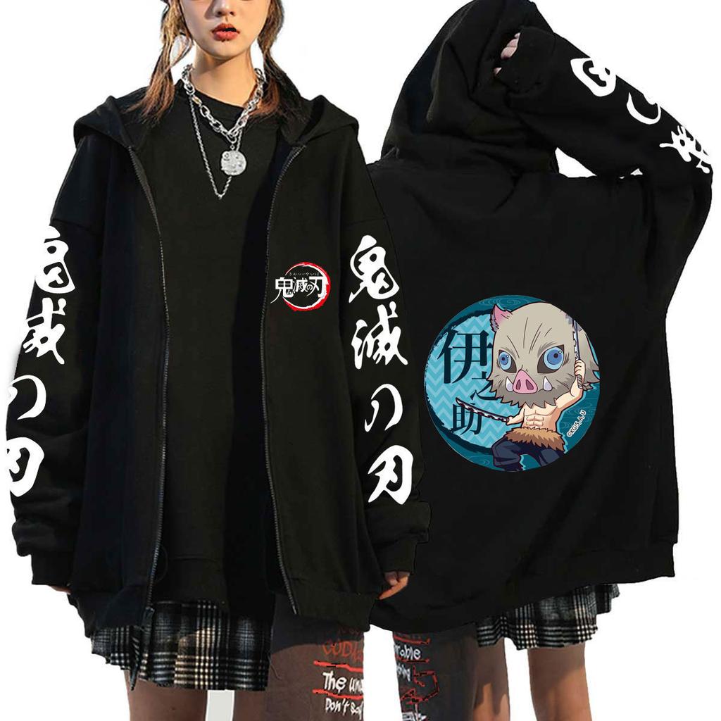 New Anime Demon Slayer Print Zip-up Hoodie Fleece-lined Hooded Cardigan for Teenagers 0037