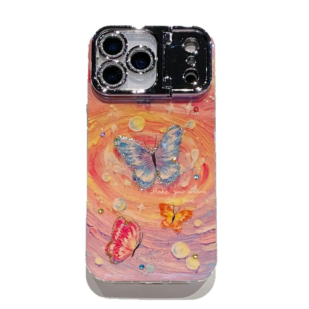 Schmetterling Ölmalerei iPhone 17 Pro Max Ständer Hülle - Vollständige Abdeckung für 16 Pro, 15, Design für Frauen