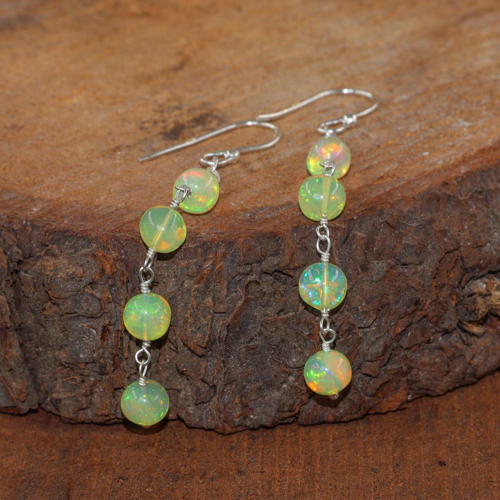 Feuergelbe Opal Edelstein Perlen Hängeohrringe, Äthiopische Opal Runde Perlen Ohrringe, Opal Glatte Perlen Ohrring für Sie, Handgefertigte Ohrringe