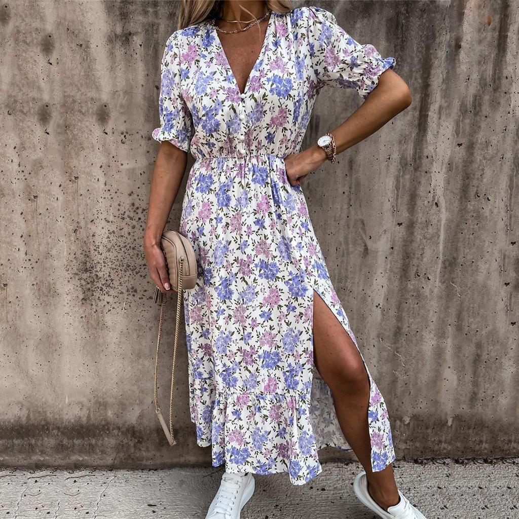 Frauen Sommer Urlaub Casual Floral Gedruckt Kurzarm V-ausschnitt Split Langes Kleid