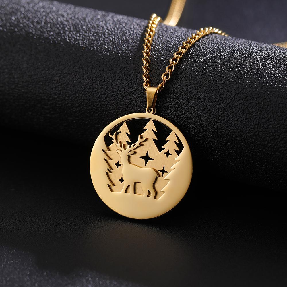 LIKGREAT Elk Wolf Bear Necklace for Women Men Teen Stainless Steel Forest Animal Snowflake Moon Pendant Jewelry Birthday Gifts