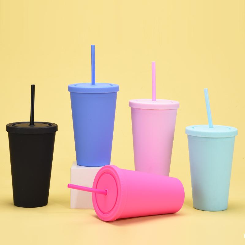 Candy Color Double-Layer Plastic Straw Cup 16Oz Drinking Cup Simple Plastic Matte Straw Cup