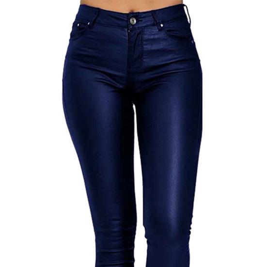 Women Pants Faux Leather Slim Casual Solid Color High Waist Elastic Small Feet Pants for Club