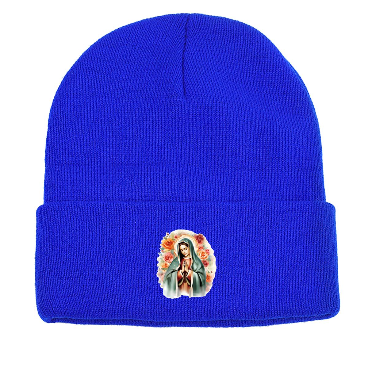 

Вязаная шапка с принтом Девы Марии, женская шапка Богоматери Гваделупской, растягивающаяся повседневная шапка с помпоном, вязаная шапка, шапка-бини as the picture синий
