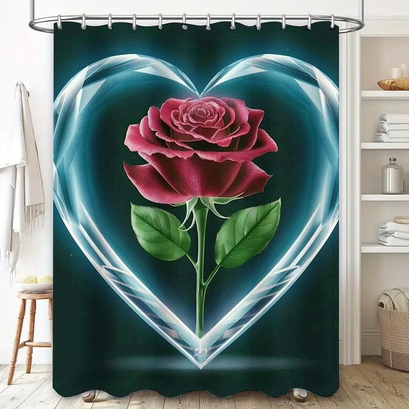 Romantic Heart Rose Shower Curtain - Waterproof, Mildew-Resistant, Machine Washable For Valentine'S Day Bathroom Decor