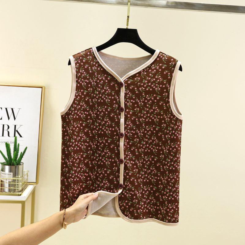 and Winter Dralon Floral Vest Women Double-sided Fleece Lined Sanded Placket Waistcoat Plus size Middle-Aged and Elderly Outdoor Cold-Proof Vest