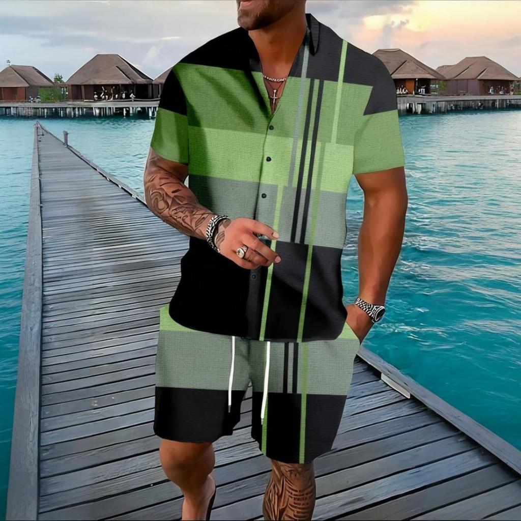 Traje Retro para Hombre Rayas Verano Exterior Manga Corta Moda Pantalones Cortos Casuales Simple Hawái Conjunto de 2 Piezas Ropa Oversize para Hombre