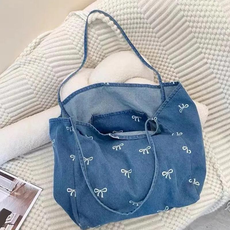 Pure Color Denim Large Capacity Tote Bag Fashion Bow Tie Pattern Shoulder Women's Bag Winter Casual Travel Shopper Handbags ARI