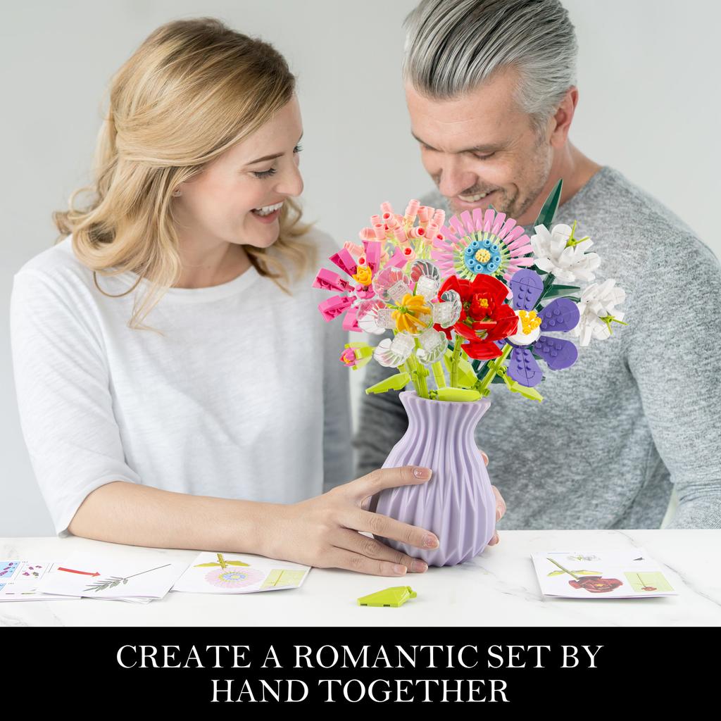 730PCS Crative Bouquet Building Blocks Sets With Plastic Vase DIY Flower Blocks Toys Gifts Sets Desktop Ornament