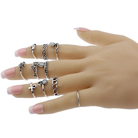 10Pcs/Set Knuckle Finger Rings Vintage Anti-rust Flower Hollow Women Jewelry for Camping