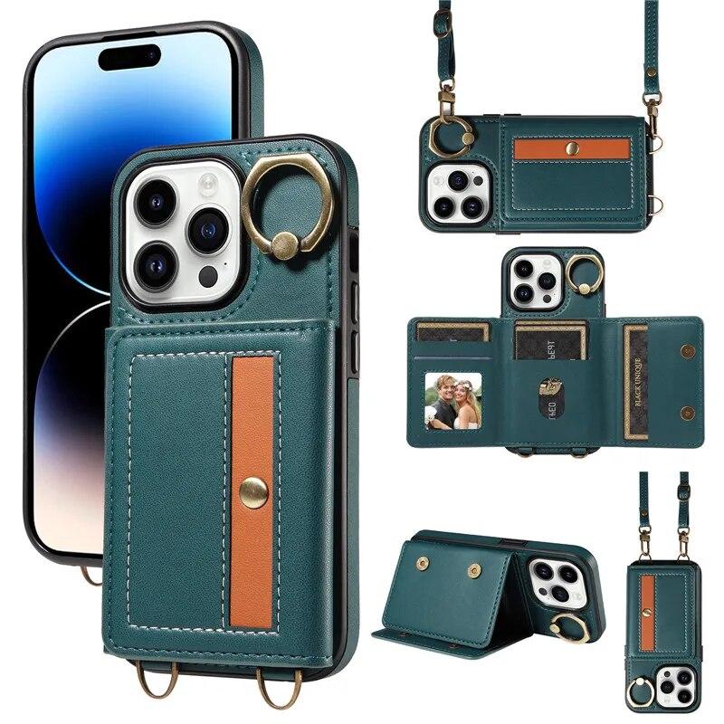 Ring Lanyard Leder Brieftasche Fall für iPhone 15 Pro Max 14 Plus 13 Pro 12 Samsung Galaxy S24 Ultra S23 S22 21 FE A25 A15 A54 A34 A14 Flip Telefon Abdeckung
