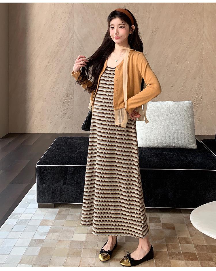 2026 Spring/Summer Striped Maternity Camisole Dress & Ruffled Knit Cardigan Set