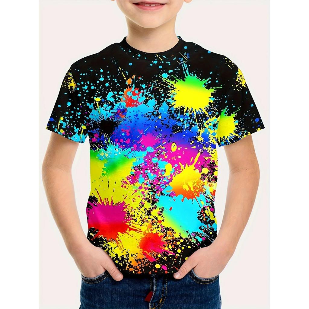 3D Tie-Dye Rainbow Print Kids' T-shirt Summer Fashion Casual Crew Neck Short-Sleeve Top for Boys & Girls