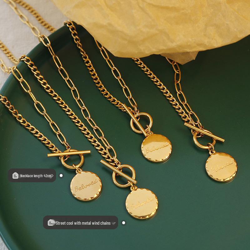 18K Gold-Plated Hip Hop OT Buckle Round Pendant Clavicle Necklace P101