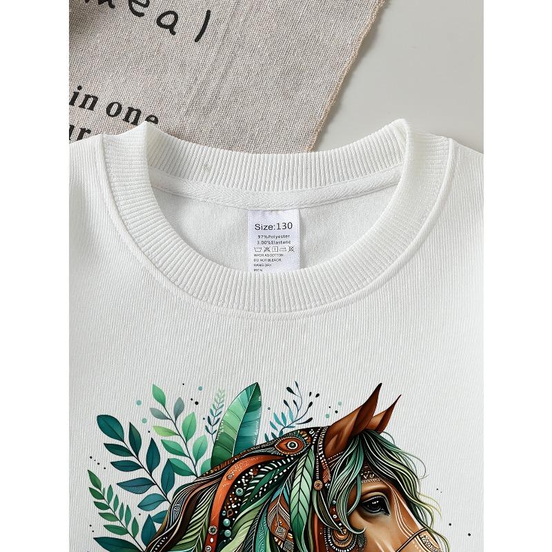 Horse Leaves Pattern Artistic Design 2026 New Girls' Long-sleeve Casual Crewneck Sweatshirt