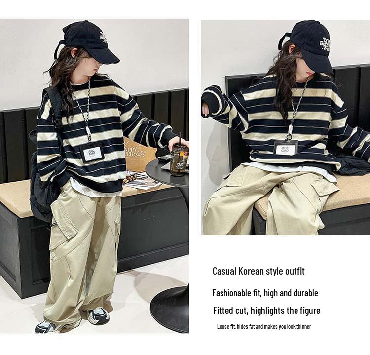 Modisches gestreiftes zweiteiliges Sweatshirt-Set für Mädchen für Frühling/Herbst 2025 - Trendige Kinderbekleidung
