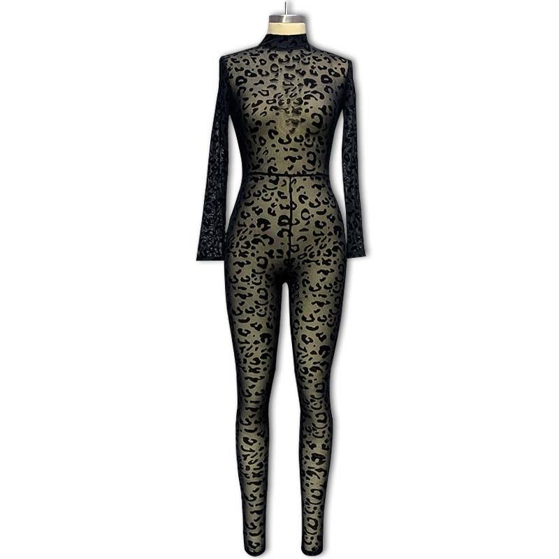 Tooxika Nový dámský overal Slim Fit s dlouhým rukávem Sexy Flocking Průsvitný zeštíhlující overal