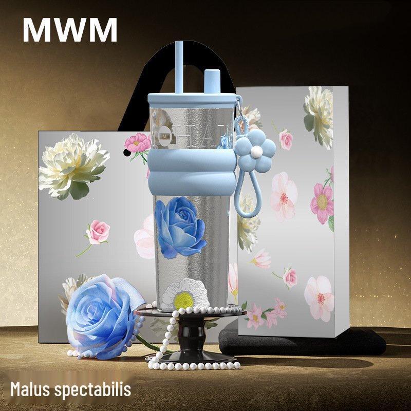 Shangqi 710ml Insulated Straw Bottle - Moonlit Begonia Design