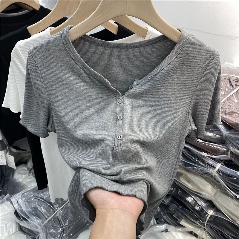 T-shirt z krótkim rękawem w stylu europejskim, damski, letni, nowy, z wysokim stanem, z elastyczną dolną częścią koszuli