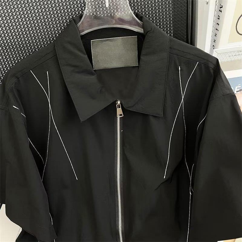 2023 Men's Trendy Black Japanese-Style Five-Point Sleeve Zipper Shirt