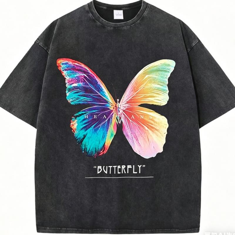Vintage gewaschenes T-Shirt mit Schmetterlingsdruck BUTTERFLY Textgrafik Lässige Streetwear Unisex Baumwoll-T-Shirt