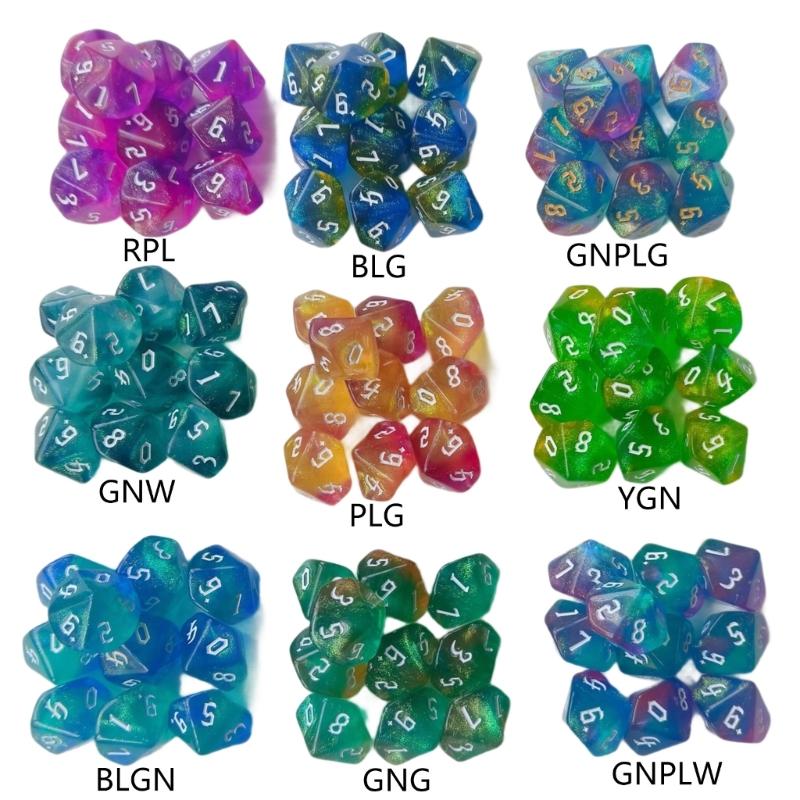 10 Stück Glitzernde Bunte 10-seitige Acryl-Würfel Rollenspiel Tischspiel Würfel Polyedrische Würfel für Tischspielspieler