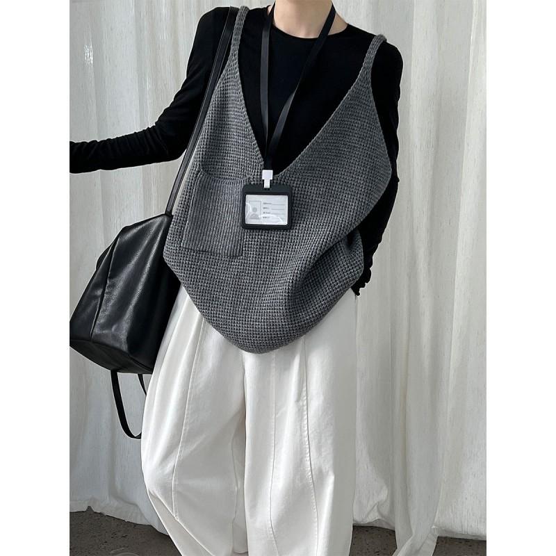 Womens V-Neck Oversized Knit Vest Loose Sleeveless Cardigan Sweater Top Casual Lounge Wear