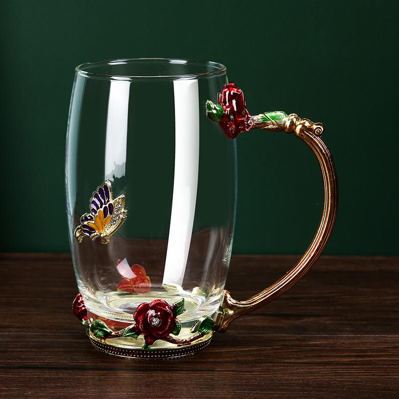 Rose Flower Cup Enamel Water Cup Heat-resistant Glass Cup Enamel Coffee Tea Cup Mug 3D Rose Butterfly Glass Cups Wedding Gift