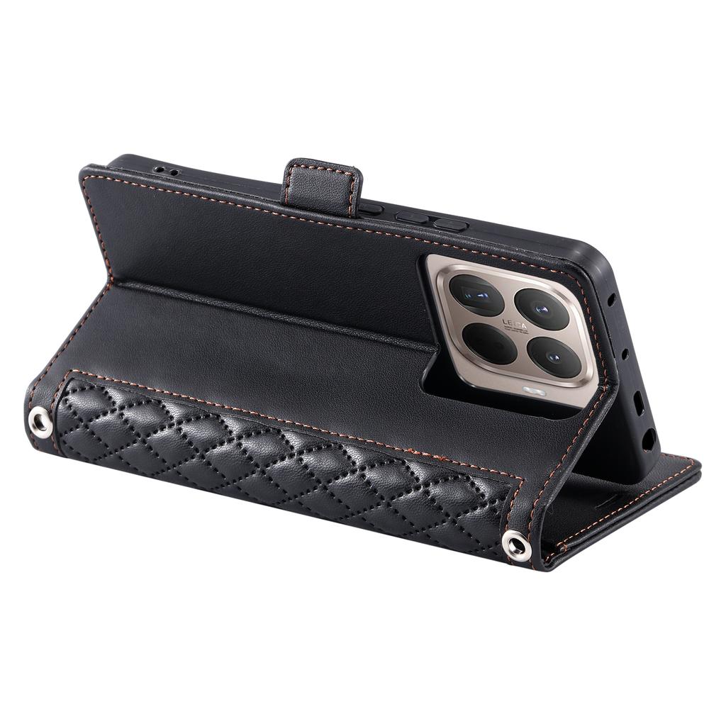 For Xiaomi 15T Pro Leather Case Rhombus Texture Wallet Stand Phone Cover with Wrist Strap