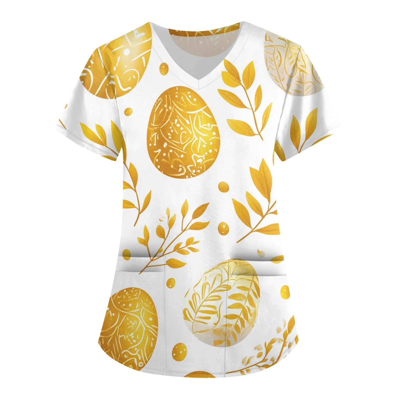 

Женская модная рабочая одежда с V-образным вырезом и короткими рукавами, с карманами, с принтом в виде пасхального топа, одежда для ухода XL жёлтый