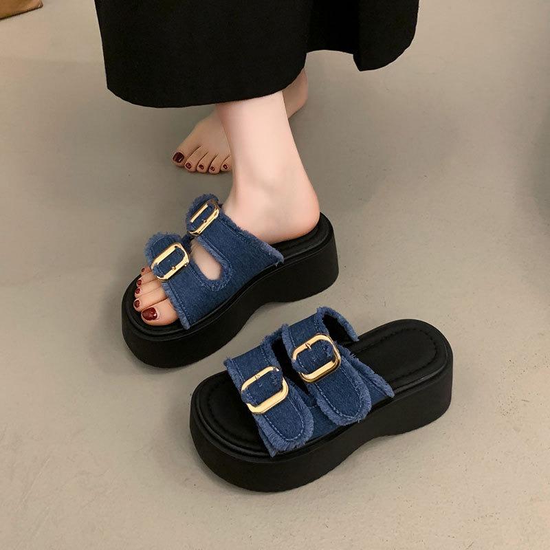 JX thick-soled muffin sandals women's new versatile height-increasing denim slippers sports cool slippers