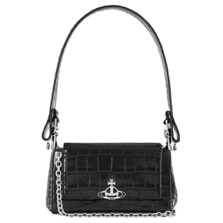 VIVIENNE WESTWOOD Hazel Saturn Logo Crocodile Embossed Texture Calfskin Underarm Baguette Shoulder Tote Bag Small Women Bags Black 4304006RL0039N401