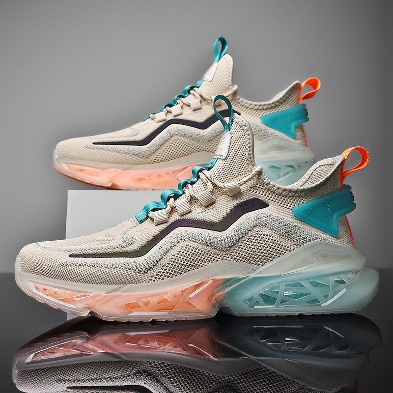 

Autumn new breathable fly-woven popcorn lightweight sports running shoes men s height-increasing youth luminous shoes 46 бежевый