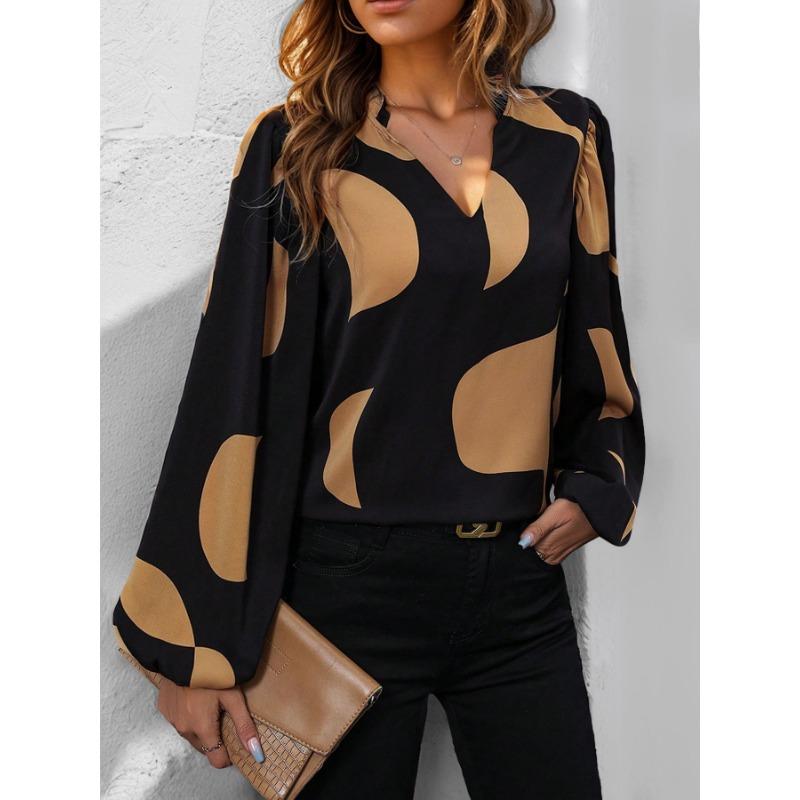 YYFS Women's Fashion Casual Spring Autumn Colour Block Print Long Sleeve V-Neck Blouses & Shirts