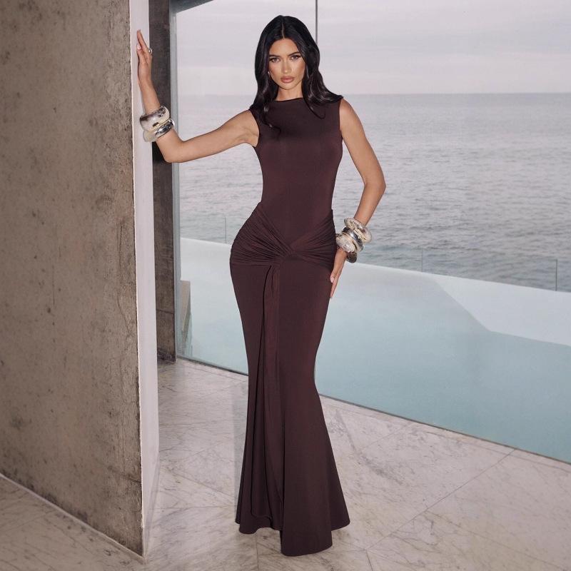New autumn fashion slim-fit halter round neck high-waisted sleeveless streamer hip-wrapped dress