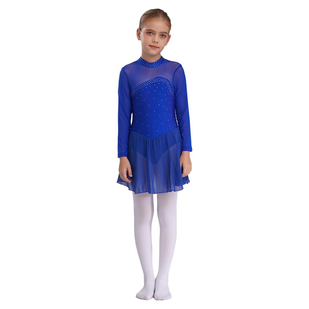 Girls Sparkling Mesh Dance Dress Long Sleeve Keyhole Back Leotard for Ice Skating Ballet Costume