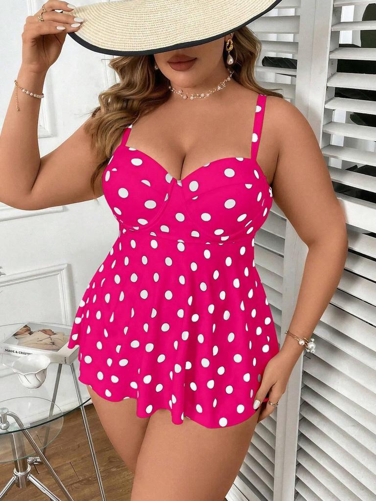 2026 Women's Plus Size Polka Dot Push-Up Swimsuit Skirt - Tummy Slimming, Multi-Color