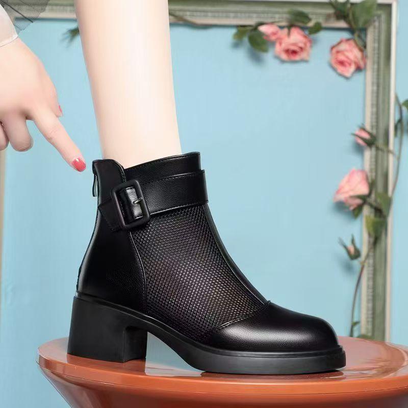 Women's Block Heel Leather Mesh Cool Boots Spring Summer New Thick Sole Non Slip Round Toe Breathable Zippers Ankle Boots