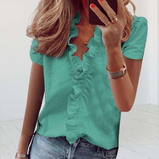 Women Shirt V-neck Lace Ruffle Soft Low-cut Dating Short Sleeves Commute OL Style Blouse