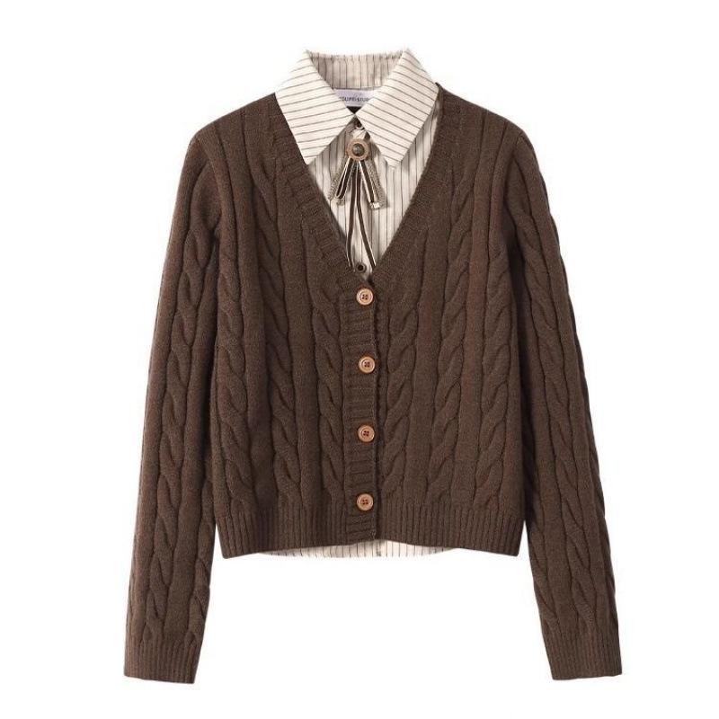 

Жіночий кардиган з косами та кольоровими блоками, з коміром-поло, для ранньої осені та зими 2025 XL коричневий