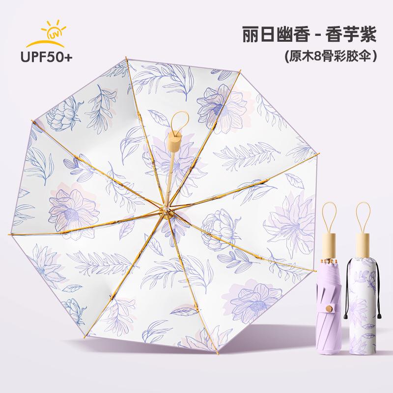 New 8-bone Hand Open Color Glue Fabric Parasol Three-fold Sunscreen Umbrella Folding Sun Umbrella Weather and Rain Muse Umbrella