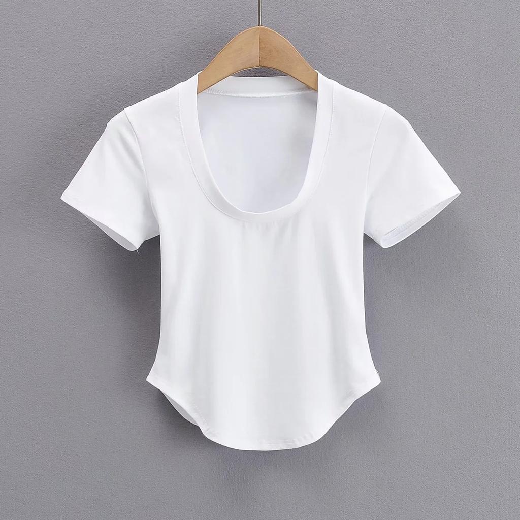 American Summer New Style Chest Revealing U-Neck Slim Fit Short Sleeved Top Sexy Slim Fit Revealing Short Curved Hem T-Shirt