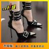 Metal buckle stiletto high heels women's outer wear 2025 summer and autumn new fashion black pointed rivet sandals women